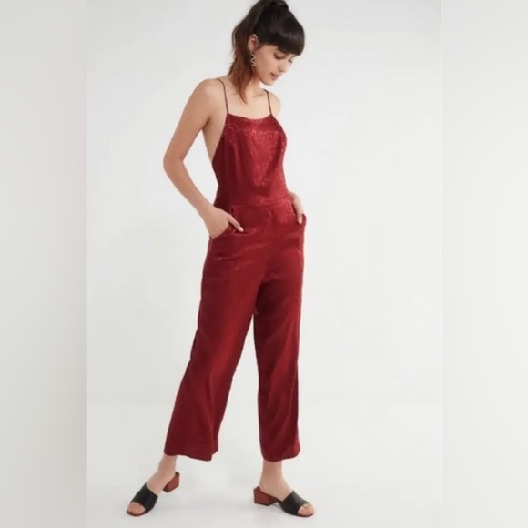 Urban Outfitters Pants - Urban Outfitters | Red Satin Jacquard Leopard Print Jumpsuit Open Back Size 4